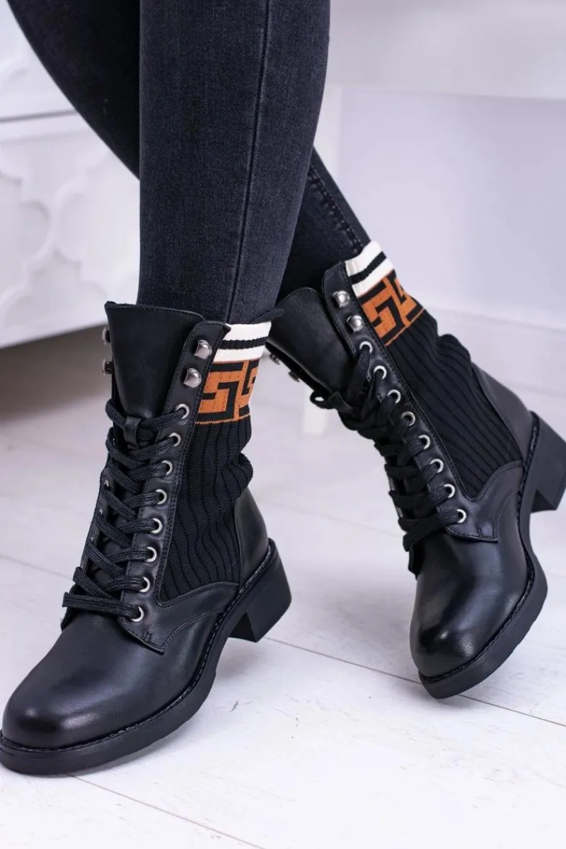 Botki Sznurowane|Botki Płaskie>Boto Damskie Botki Skarpetkowe Czarne Herse