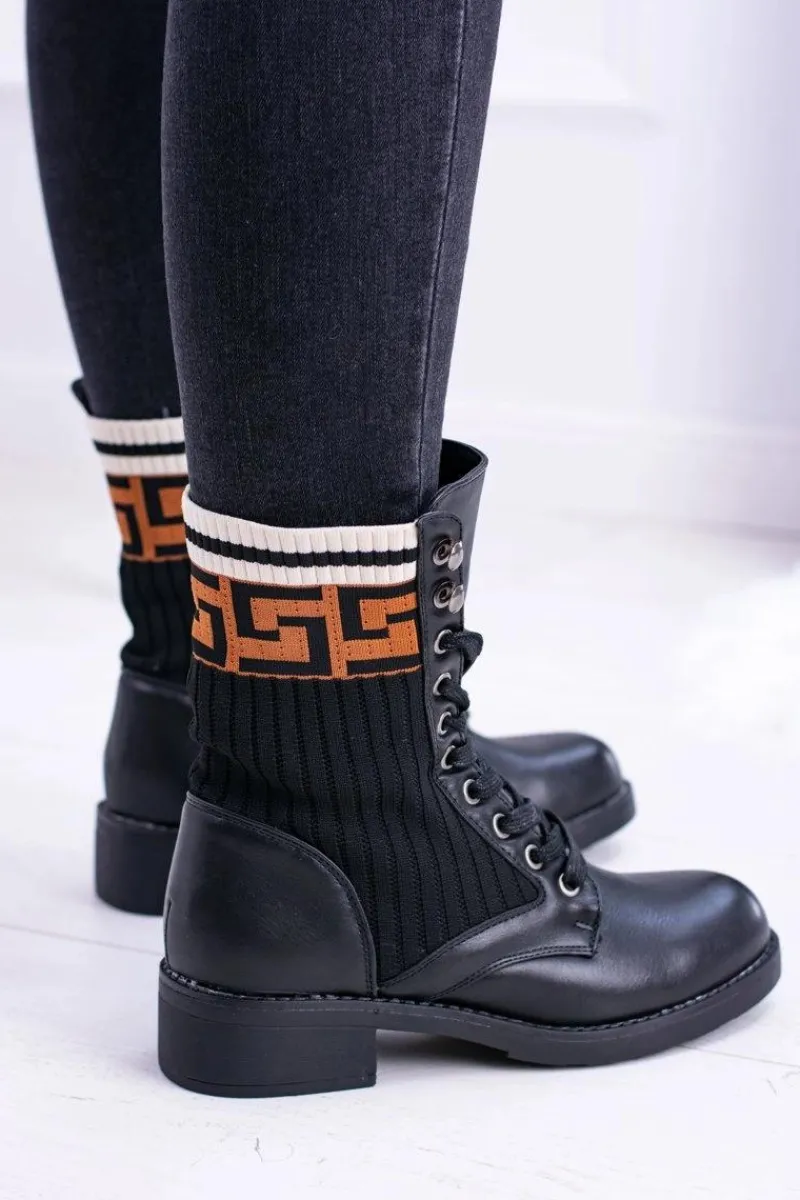 Botki Sznurowane|Botki Płaskie>Boto Damskie Botki Skarpetkowe Czarne Herse