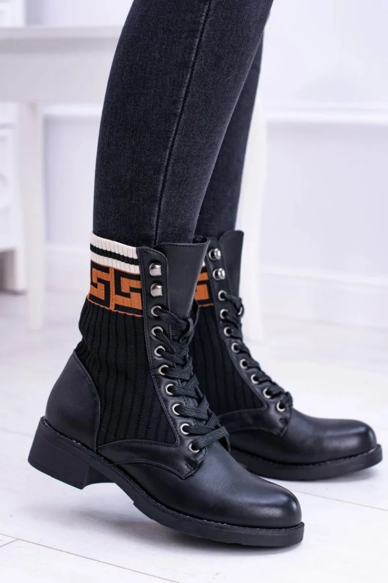 Botki Sznurowane|Botki Płaskie>Boto Damskie Botki Skarpetkowe Czarne Herse