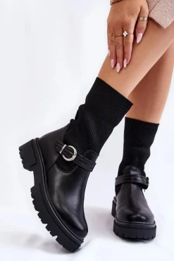 Discount Boto Damskie Botki Skarpetkowe Z Paskiem Czarne Alaya