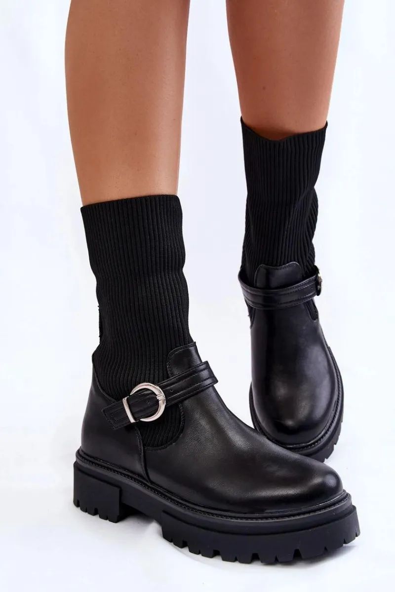 Discount Boto Damskie Botki Skarpetkowe Z Paskiem Czarne Alaya