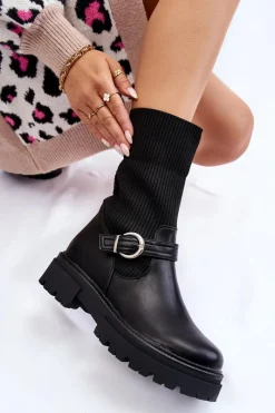 Discount Boto Damskie Botki Skarpetkowe Z Paskiem Czarne Alaya