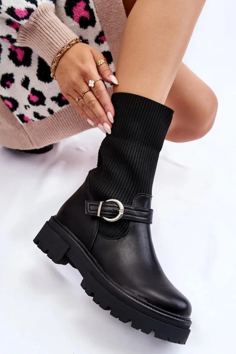 Discount Boto Damskie Botki Skarpetkowe Z Paskiem Czarne Alaya