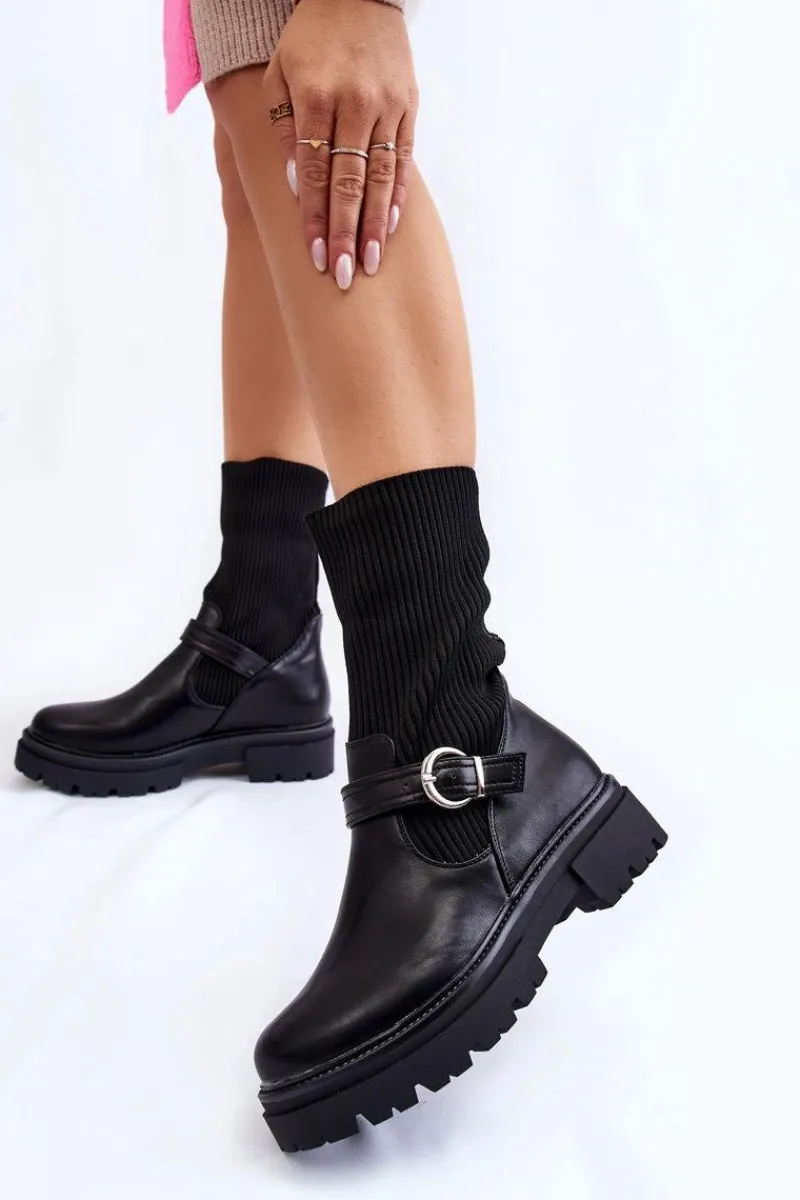 Discount Boto Damskie Botki Skarpetkowe Z Paskiem Czarne Alaya
