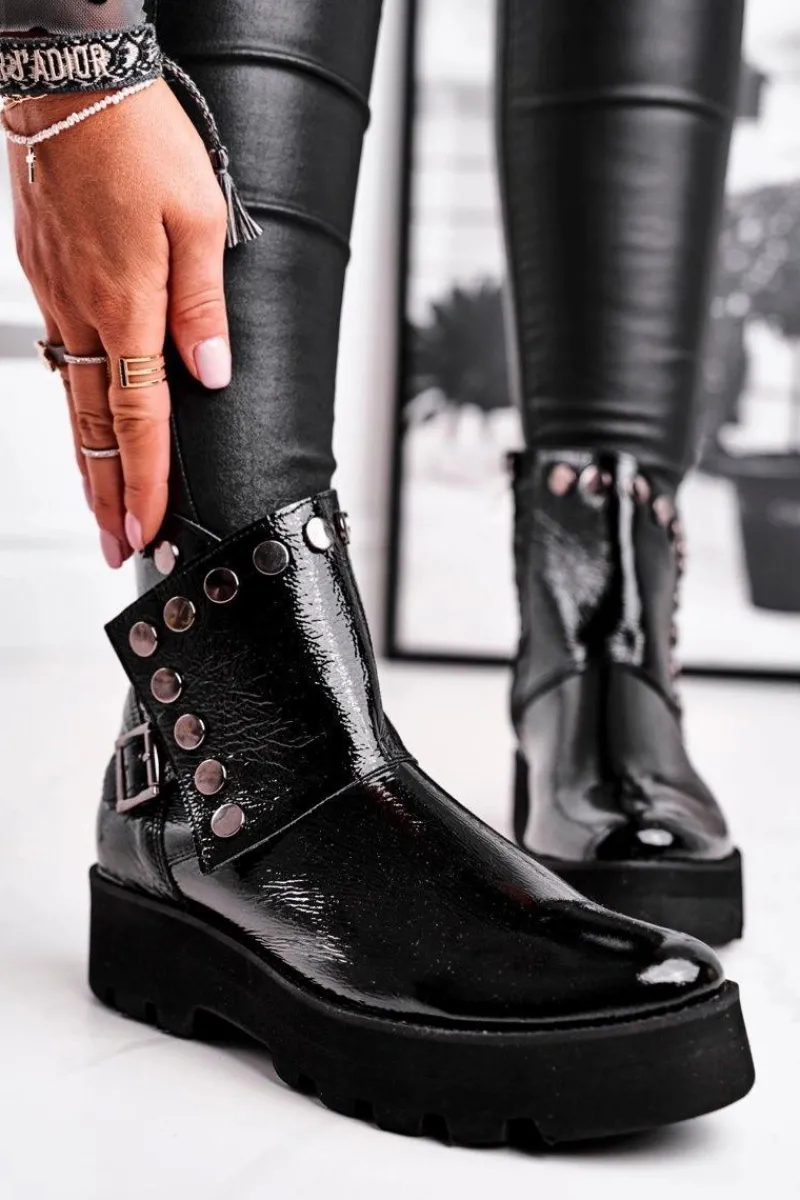 Sale Damskie Botki Skórzane Lakierowane Czarne Exquisite 1199 Damskie Czarne Botki|Botki Na Obcasie