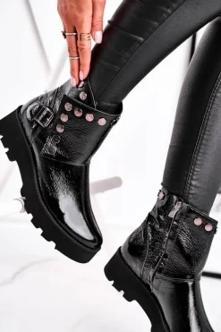 Sale Damskie Botki Skórzane Lakierowane Czarne Exquisite 1199 Damskie Czarne Botki|Botki Na Obcasie