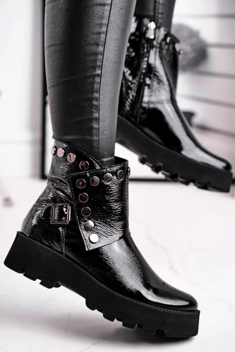 Sale Damskie Botki Skórzane Lakierowane Czarne Exquisite 1199 Damskie Czarne Botki|Botki Na Obcasie