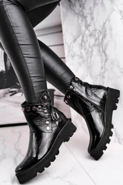 Sale Damskie Botki Skórzane Lakierowane Czarne Exquisite 1199 Damskie Czarne Botki|Botki Na Obcasie