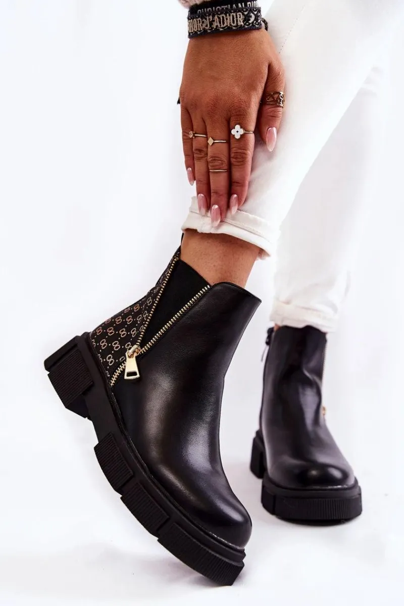 Sale Damskie Botki Skórzane Z Ozdobnym Zamkiem Czarne Lorra Damskie Botki Wiosenne|Czarne Botki