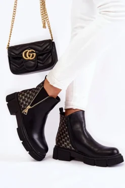 Sale Damskie Botki Skórzane Z Ozdobnym Zamkiem Czarne Lorra Damskie Botki Wiosenne|Czarne Botki