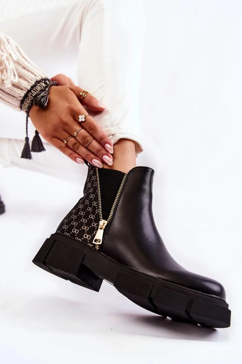 Sale Damskie Botki Skórzane Z Ozdobnym Zamkiem Czarne Lorra Damskie Botki Wiosenne|Czarne Botki