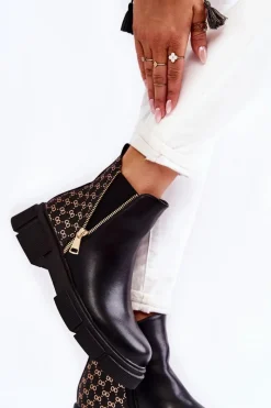 Sale Damskie Botki Skórzane Z Ozdobnym Zamkiem Czarne Lorra Damskie Botki Wiosenne|Czarne Botki