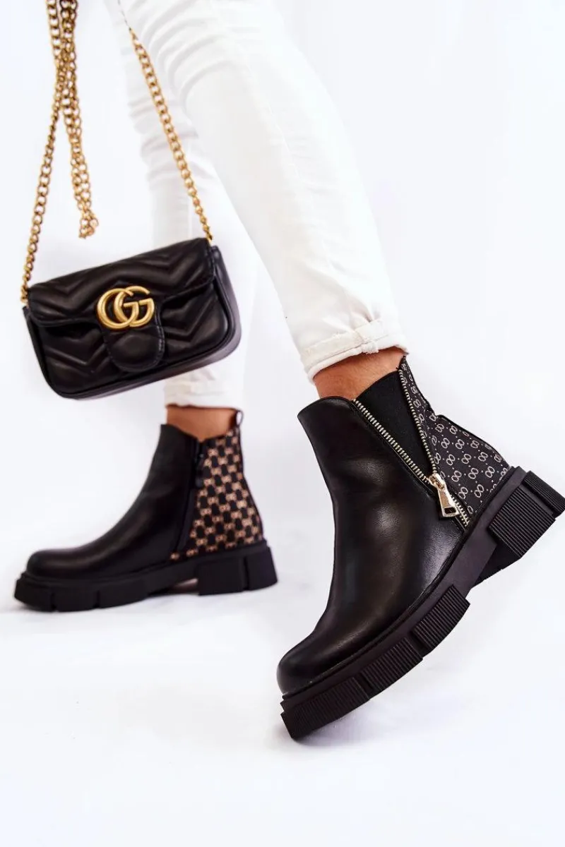 Sale Damskie Botki Skórzane Z Ozdobnym Zamkiem Czarne Lorra Damskie Botki Wiosenne|Czarne Botki