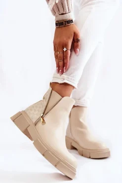 Botki Wiosenne|Czarne Botki>Boto Damskie Botki Skórzane Z Ozdobnym Zamkiem Jasnobeżowe Lorra