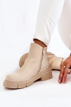 Botki Wiosenne|Czarne Botki>Boto Damskie Botki Skórzane Z Ozdobnym Zamkiem Jasnobeżowe Lorra