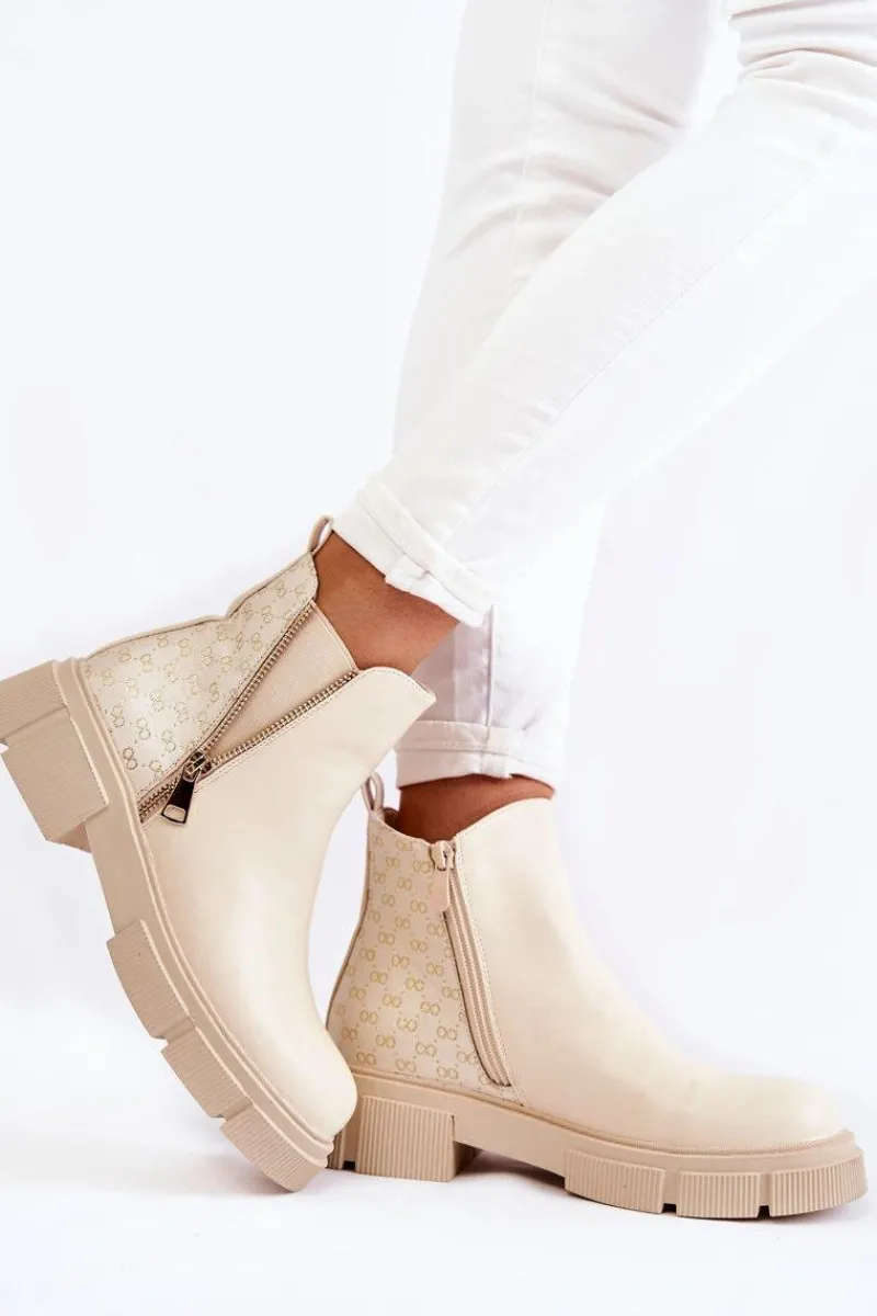 Botki Wiosenne|Czarne Botki>Boto Damskie Botki Skórzane Z Ozdobnym Zamkiem Jasnobeżowe Lorra