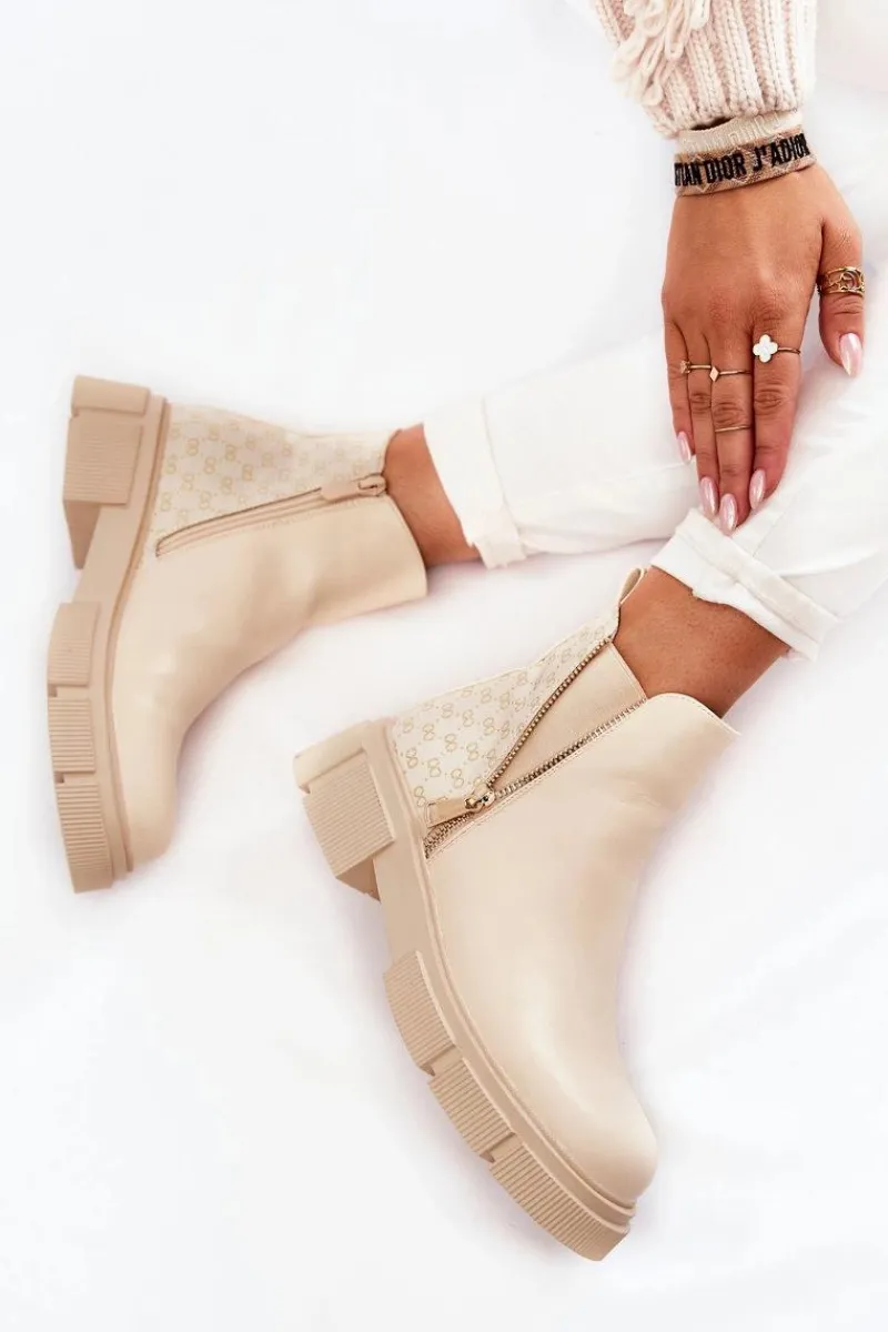 Botki Wiosenne|Czarne Botki>Boto Damskie Botki Skórzane Z Ozdobnym Zamkiem Jasnobeżowe Lorra