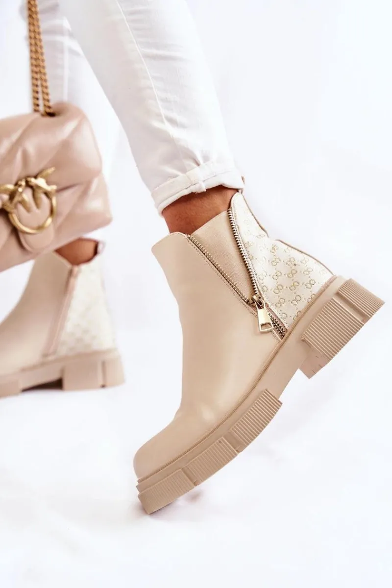 Botki Wiosenne|Czarne Botki>Boto Damskie Botki Skórzane Z Ozdobnym Zamkiem Jasnobeżowe Lorra