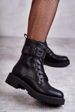 Botki Ocieplane|Botki Sznurowane>Boto Damskie Botki Sznurowane Na Płaskim Obcasie Czarne Firmina