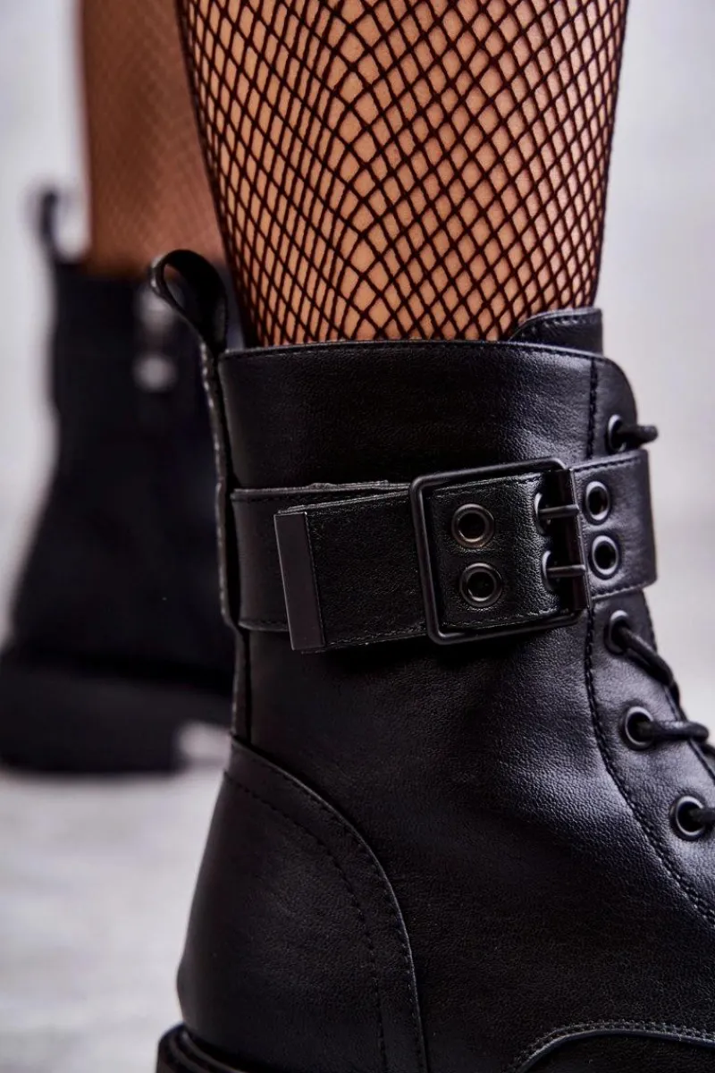 Botki Ocieplane|Botki Sznurowane>Boto Damskie Botki Sznurowane Na Płaskim Obcasie Czarne Firmina