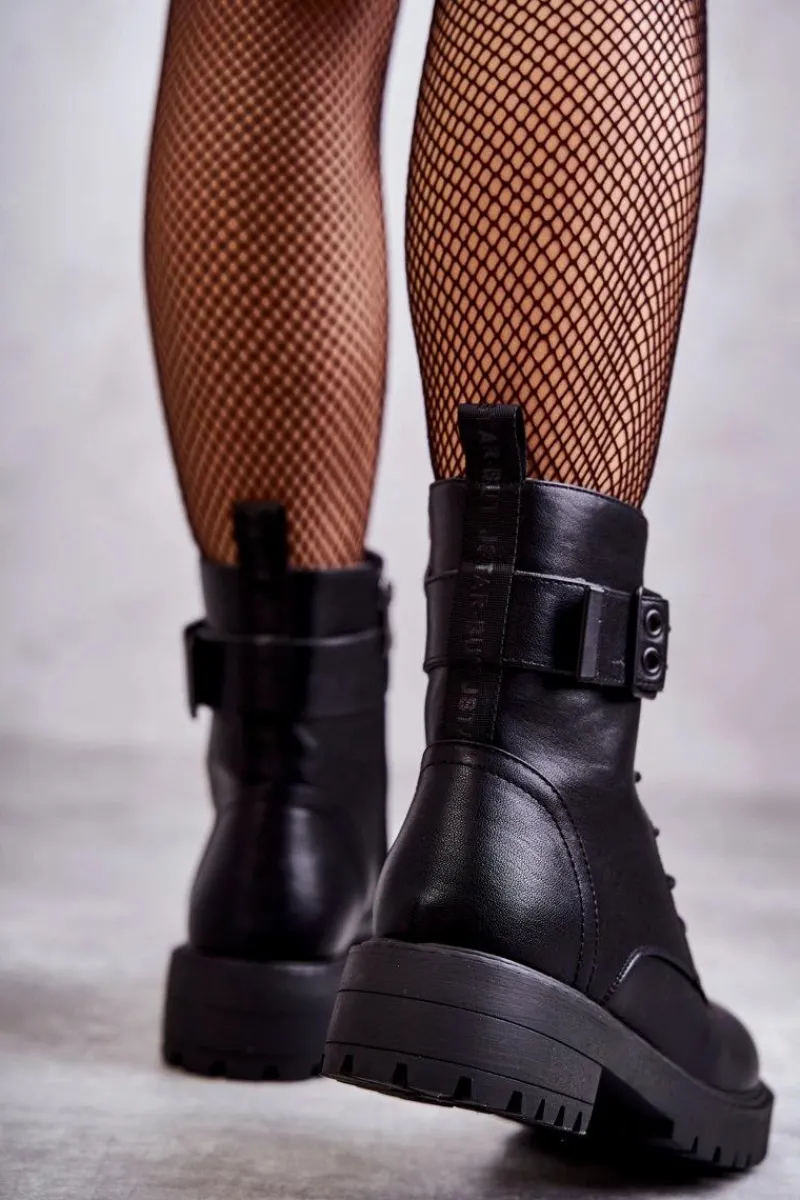 Botki Ocieplane|Botki Sznurowane>Boto Damskie Botki Sznurowane Na Płaskim Obcasie Czarne Firmina