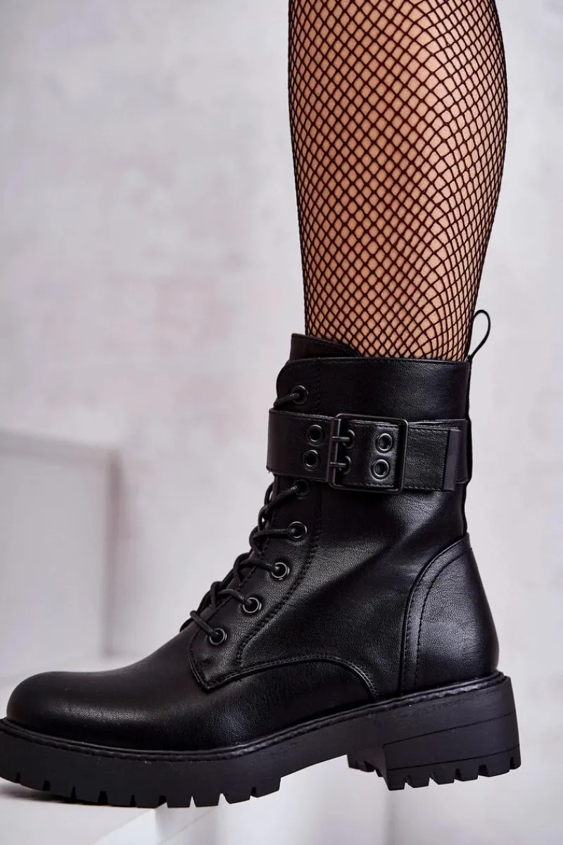 Botki Ocieplane|Botki Sznurowane>Boto Damskie Botki Sznurowane Na Płaskim Obcasie Czarne Firmina