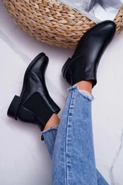 New Damskie buty S.Barski Damskie Botki Sztyblety Płaski Obcas Skórzane Czarne Barski W1901