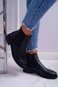 New Damskie buty S.Barski Damskie Botki Sztyblety Płaski Obcas Skórzane Czarne Barski W1901