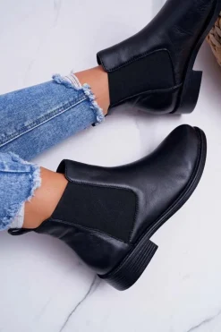 New Damskie buty S.Barski Damskie Botki Sztyblety Płaski Obcas Skórzane Czarne Barski W1901