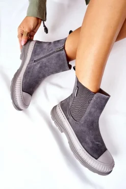 Outlet Big Star Shoes Damskie Botki Sztyblety Skóra Zamsz Big Star II274353 Szare