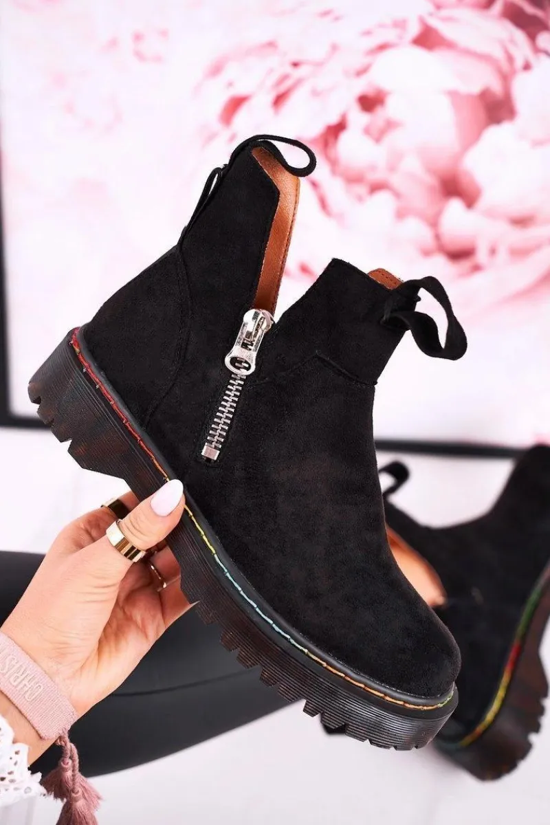New Boto Damskie Botki Sztyblety Z Kolorowym Przeszyciem Zamszowe Czarne Addison