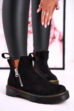 New Boto Damskie Botki Sztyblety Z Kolorowym Przeszyciem Zamszowe Czarne Addison