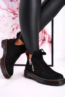 New Boto Damskie Botki Sztyblety Z Kolorowym Przeszyciem Zamszowe Czarne Addison