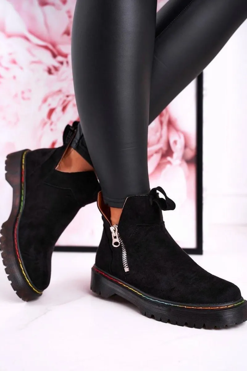 New Boto Damskie Botki Sztyblety Z Kolorowym Przeszyciem Zamszowe Czarne Addison