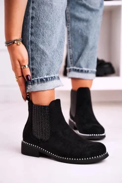 Czarne Botki|Botki Zimowe Damskie>Boto Damskie Botki Sztyblety Z Dżetami Zamszowe Czarne Meagan