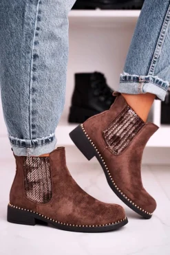 Sale Boto Damskie Botki Sztyblety Z Dżetami Zamszowe Brązowe Meagan