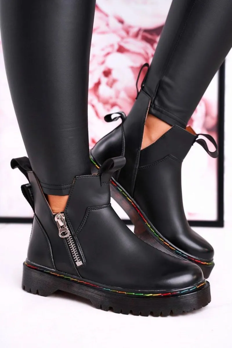 Botki Wiosenne|Czarne Botki>Boto Damskie Botki Sztyblety Z Kolorowym Przeszyciem Czarne Addison