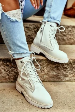Hot Damskie Botki Trapery Big Star Białe GG274597 Damskie Damskie Trapery|Botki Sznurowane