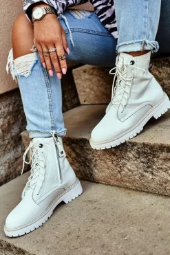 Hot Damskie Botki Trapery Big Star Białe GG274597 Damskie Damskie Trapery|Botki Sznurowane