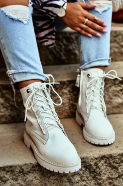 Hot Damskie Botki Trapery Big Star Białe GG274597 Damskie Damskie Trapery|Botki Sznurowane