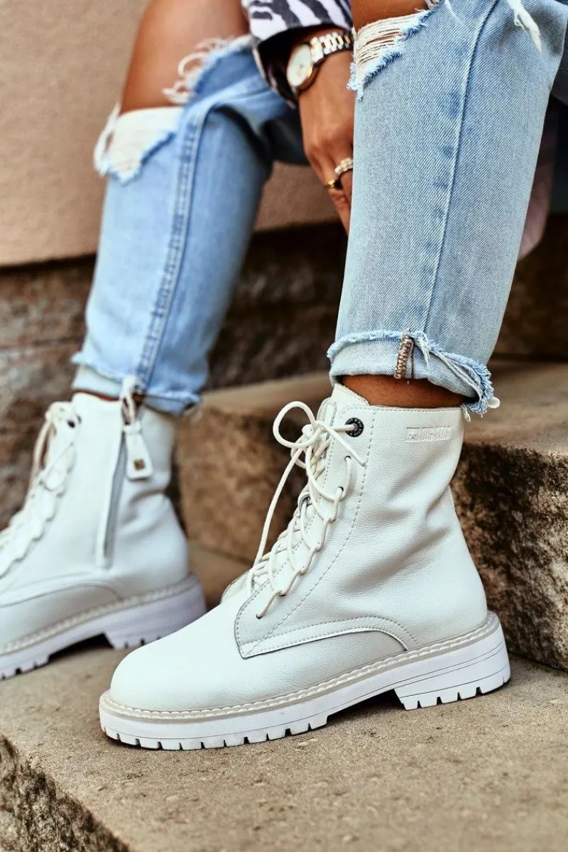 Hot Damskie Botki Trapery Big Star Białe GG274597 Damskie Damskie Trapery|Botki Sznurowane