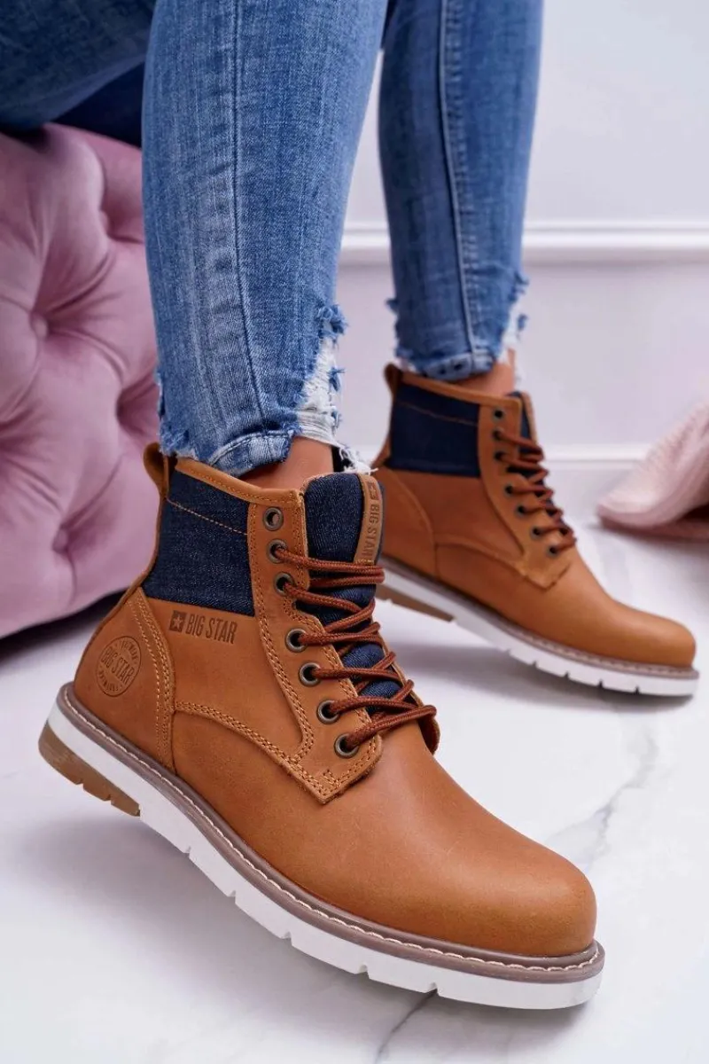 Damskie Trapery|Botki Sznurowane>Big Star Shoes Damskie Botki Trapery Big Star Skórzane Brązowe EE274004