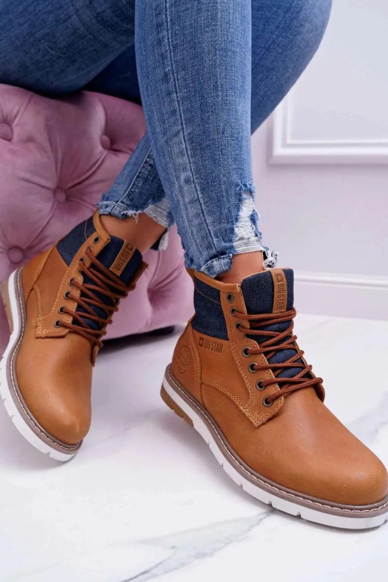 Damskie Trapery|Botki Sznurowane>Big Star Shoes Damskie Botki Trapery Big Star Skórzane Brązowe EE274004