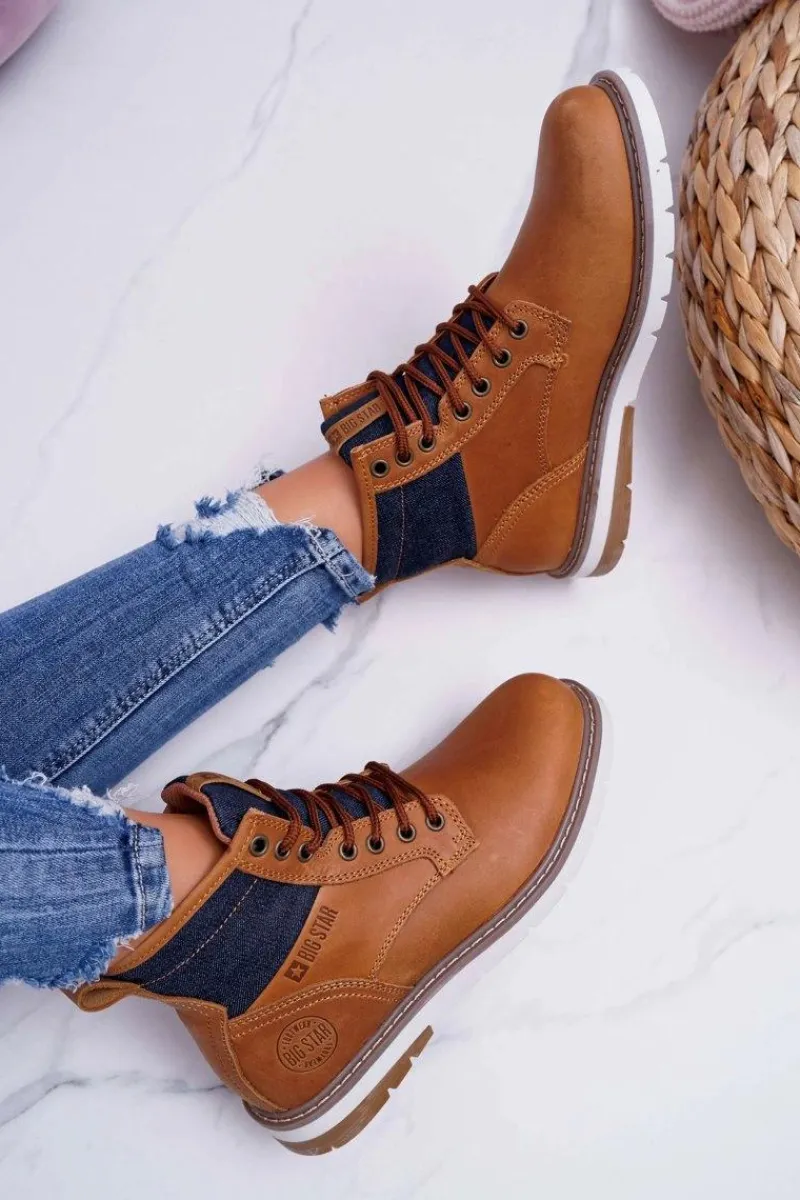 Damskie Trapery|Botki Sznurowane>Big Star Shoes Damskie Botki Trapery Big Star Skórzane Brązowe EE274004