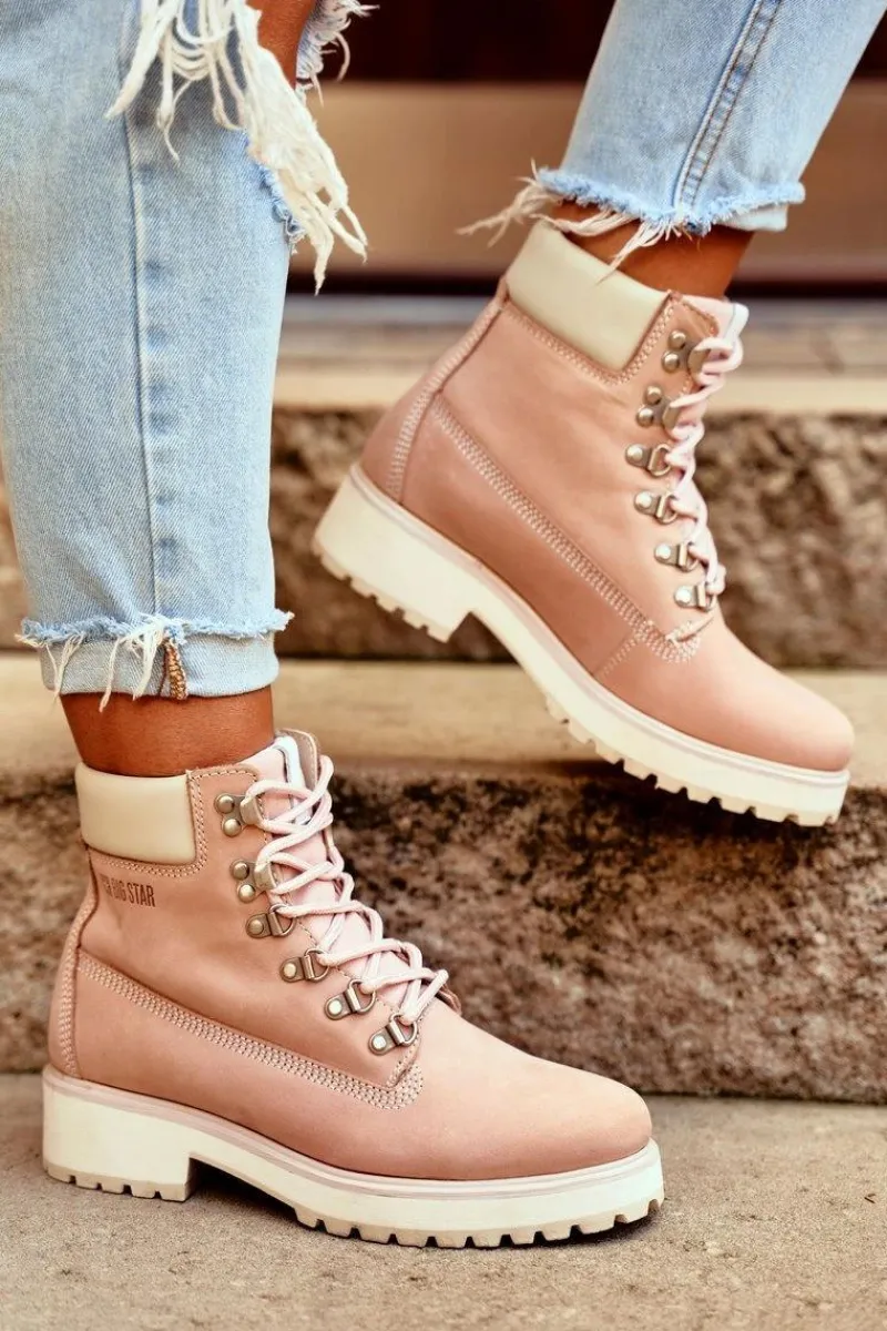 Damskie Botki Trapery Big Star Pastelowe Różowe EE274034 Damskie Damskie Trapery|Botki Sznurowane
