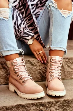 Damskie Botki Trapery Big Star Pastelowe Różowe EE274034 Damskie Damskie Trapery|Botki Sznurowane