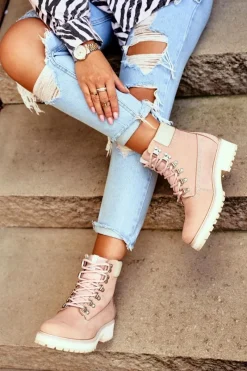 Damskie Botki Trapery Big Star Pastelowe Różowe EE274034 Damskie Damskie Trapery|Botki Sznurowane