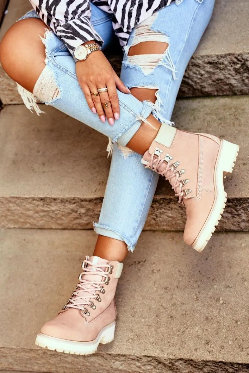 Damskie Botki Trapery Big Star Pastelowe Różowe EE274034 Damskie Damskie Trapery|Botki Sznurowane