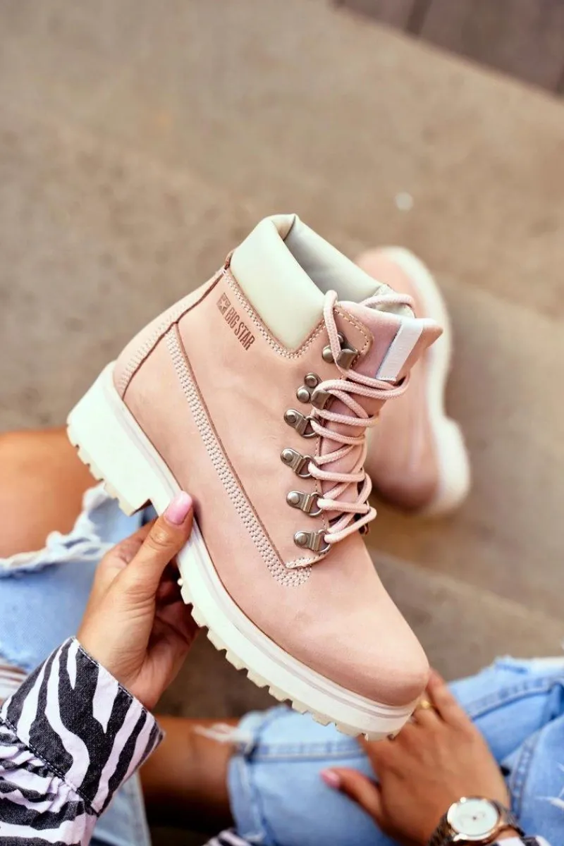 Damskie Botki Trapery Big Star Pastelowe Różowe EE274034 Damskie Damskie Trapery|Botki Sznurowane