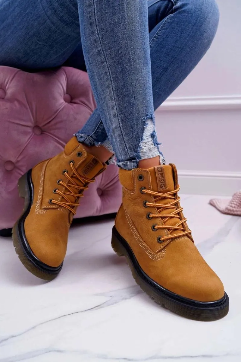 Hot Damskie Botki Trapery Big Star Camel EE274013 Damskie Damskie Trapery|Botki Sznurowane